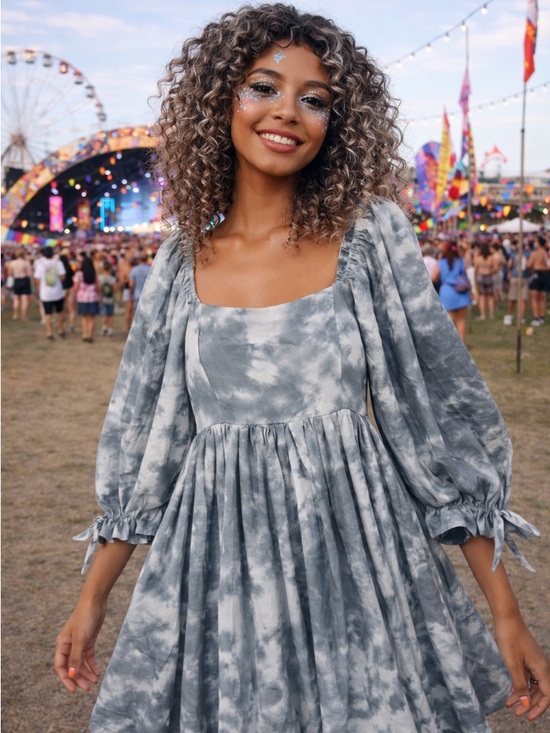 Dresses & Skirts - Puff Sleeve Gray and White Tie-Dye Festival Dress Knee-Length with Half Sleeves